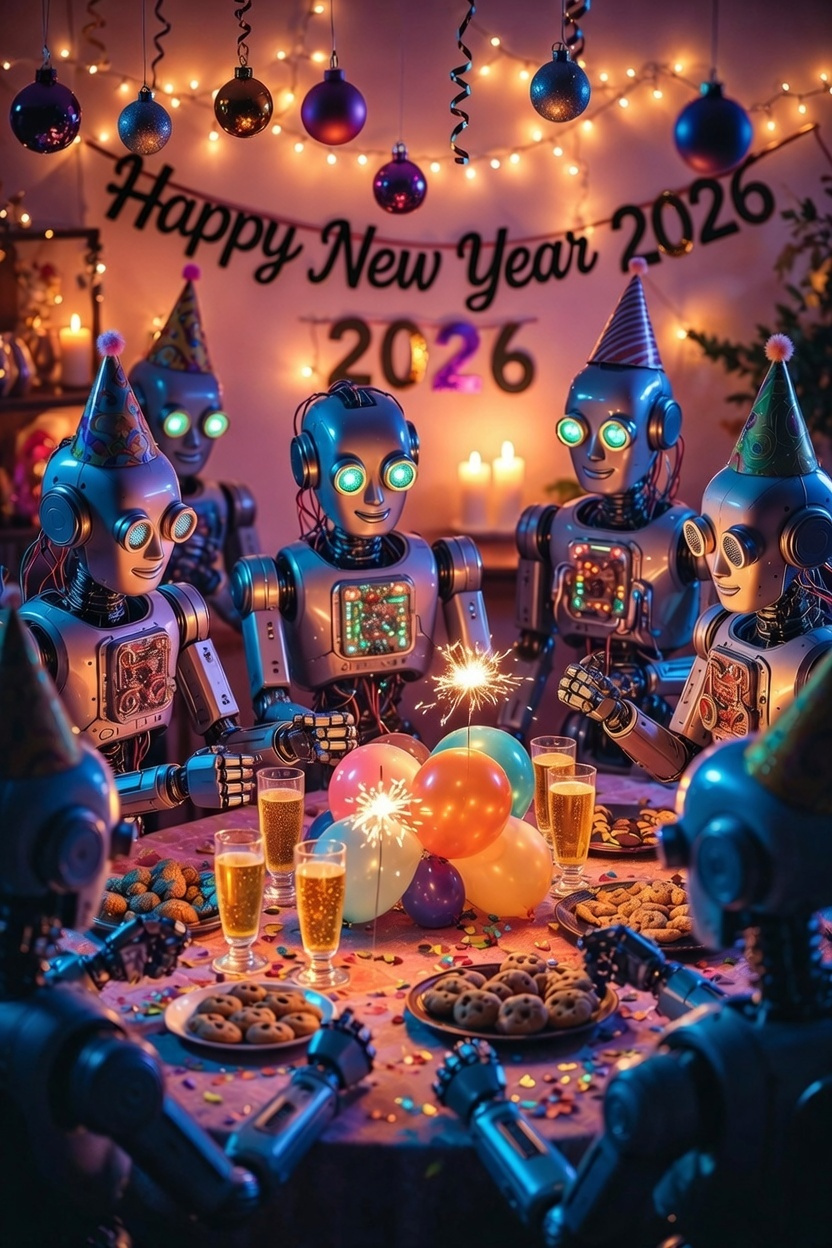 Robots celebrating New Years 2026